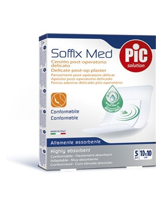 Cerotto pic soffix med in tnt con tampone centrale assorbente sterile monouso 10x10 cm antibatterico 5 pezzi - Cerotto pic soffix med in tnt con tampone centrale assorbente sterile monouso 10x10 cm antibatterico 5 pezzi