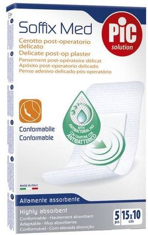 Cerotto pic soffix med in tnt con tampone centrale assorbente sterile monouso 10x15 cm antibatterico 5 pezzi - Cerotto pic soffix med in tnt con tampone centrale assorbente sterile monouso 10x15 cm antibatterico 5 pezzi