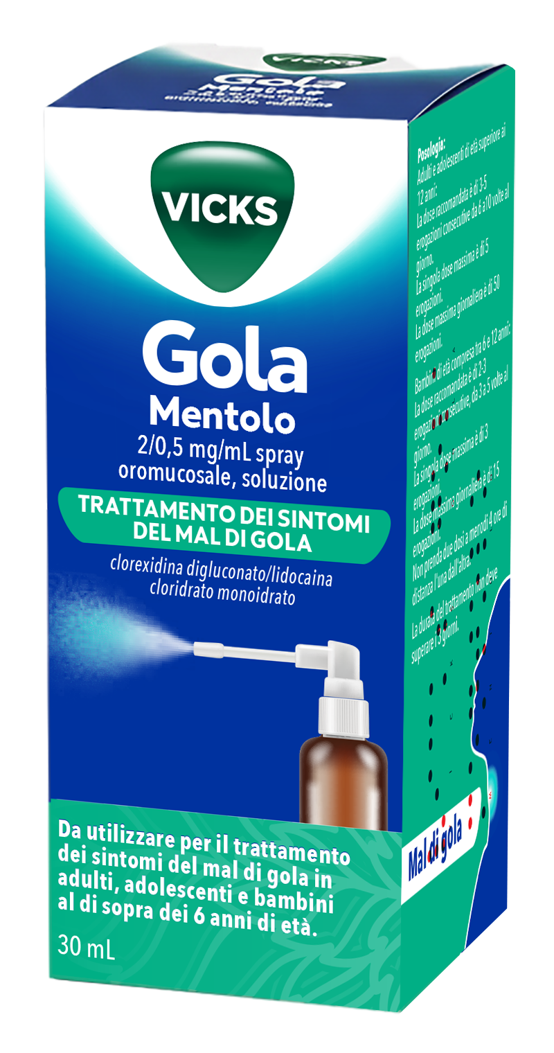 Vicks gola*spray per mucosa orale 1 flacone 30 ml 2 mg + 0,5mg mentolo + pompa spray - Vicks gola*spray per mucosa orale 1 flacone 30 ml 2 mg + 0,5mg mentolo + pompa spray