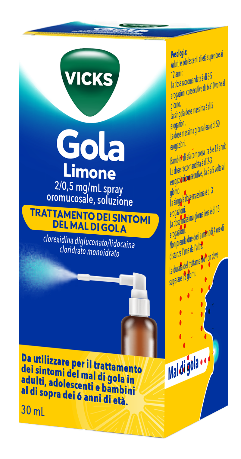 Vicks gola*spray per mucosa orale 1 flacone 30 ml 2 mg + 0,5mg limone + pompa spray - Vicks gola*spray per mucosa orale 1 flacone 30 ml 2 mg + 0,5mg limone + pompa spray