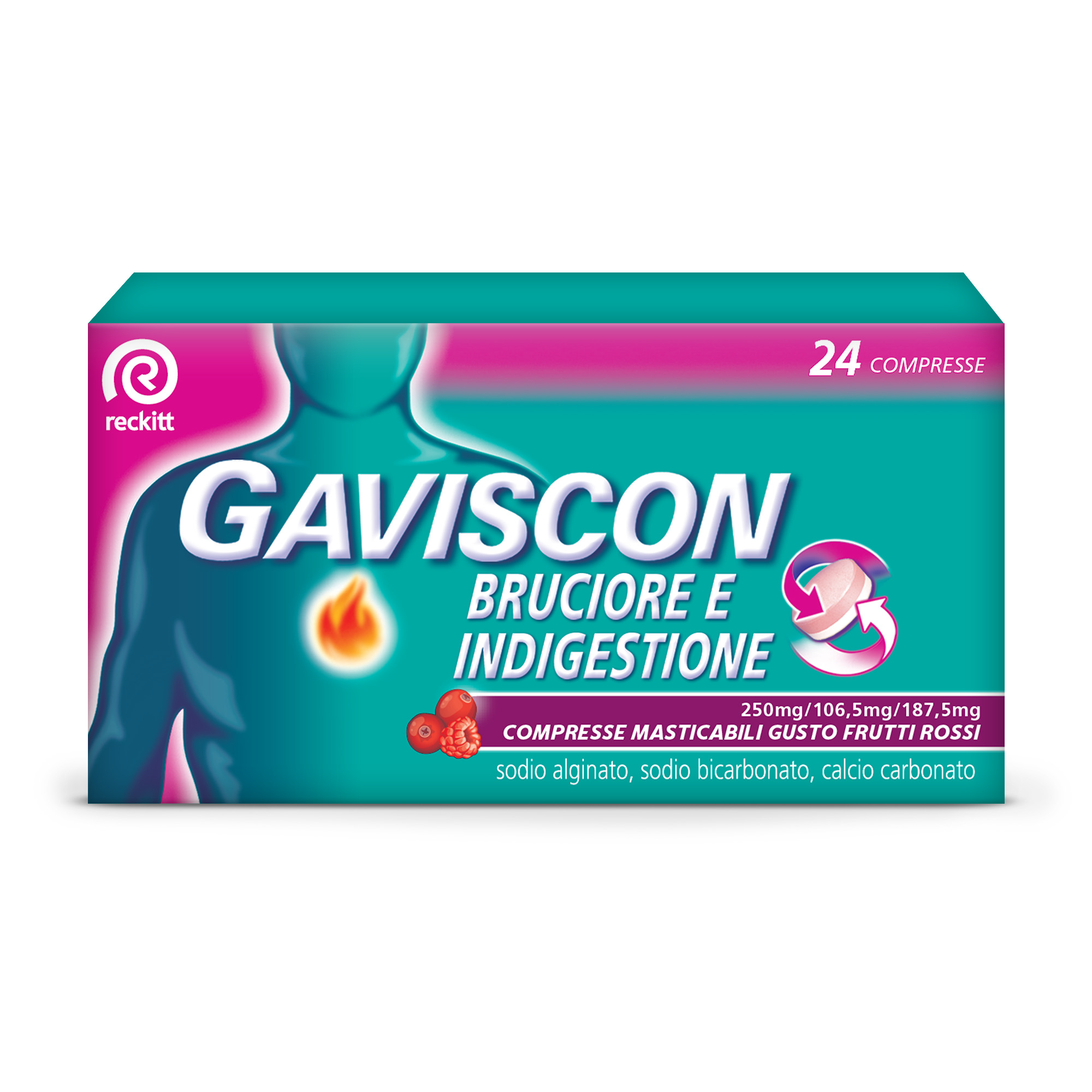 Gaviscon bruciore e indigestione*24 cpr masticabili 250 mg +106,5 mg + 187,5 mg gusto frutti rossi - Gaviscon bruciore e indigestione*24 cpr masticabili 250 mg +106,5 mg + 187,5 mg gusto frutti rossi