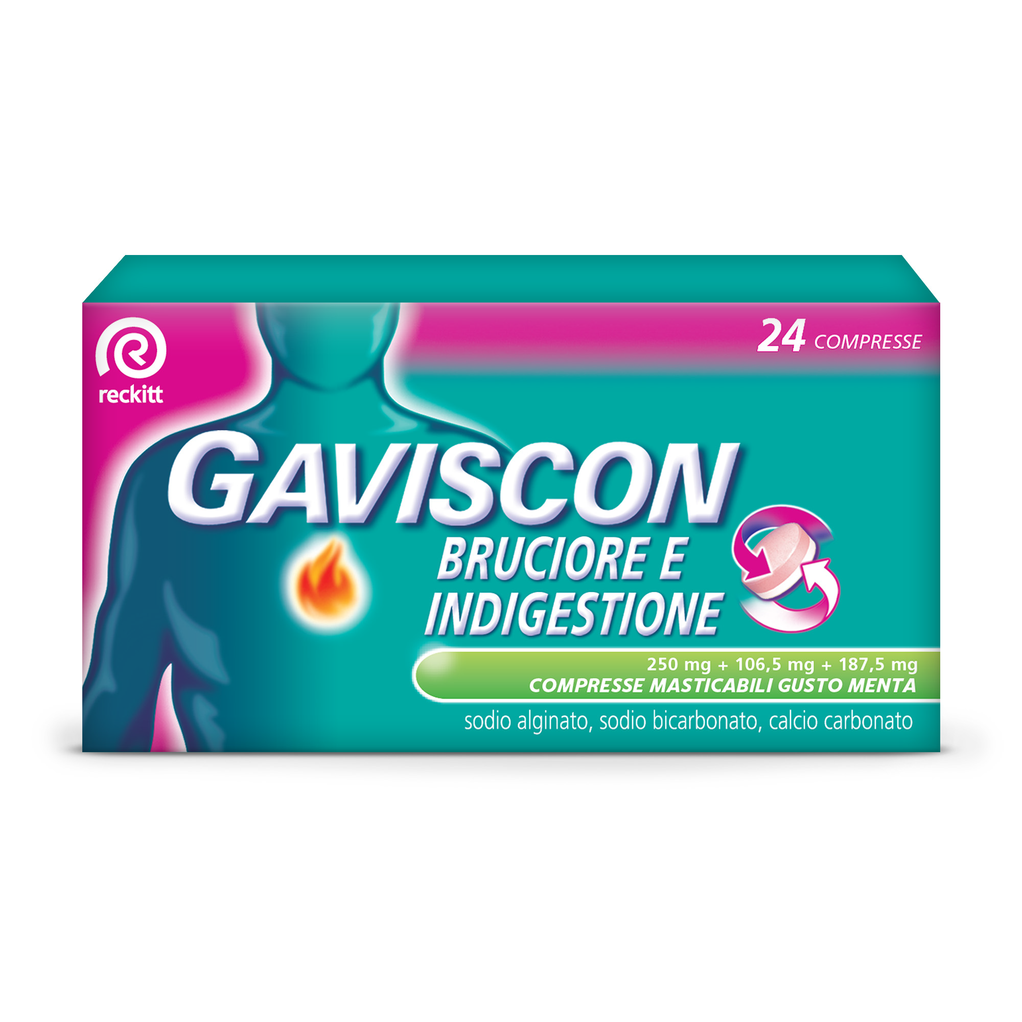 Gaviscon bruciore e indigestione*24 cpr mast 187,5 mg + 106,5 mg + 250 mg gusto menta - Gaviscon bruciore e indigestione*24 cpr mast 187,5 mg + 106,5 mg + 250 mg gusto menta