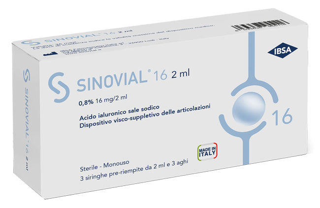 Siringa intra-articolare sinovial 16 acido ialuronico sale sodico 0,8% 16mg/2ml 3 siringhe x 2ml + 3 aghi - Siringa intra-articolare sinovial 16 acido ialuronico sale sodico 0,8% 16mg/2ml 3 siringhe x 2ml + 3 aghi