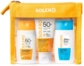 Solero travel bag 1 after sun 50 ml + 1 moisturing sun lotion spf50+ 50 ml + 1 moisturing sun face cream 30 ml