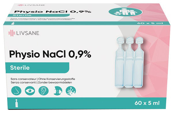 Livsane physio nacl 0,9% soluzione isotonica sterile a basedi cloruro di sodio 0,9% 60 flaconcini monodose da 5 ml - Livsane physio nacl 0,9% soluzione isotonica sterile a basedi cloruro di sodio 0,9% 60 flaconcini monodose da 5 ml