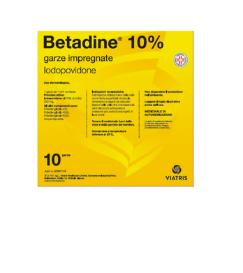 Betadine*10 garze 10 cm x 10 cm 250 mg - Betadine*10 garze 10 cm x 10 cm 250 mg