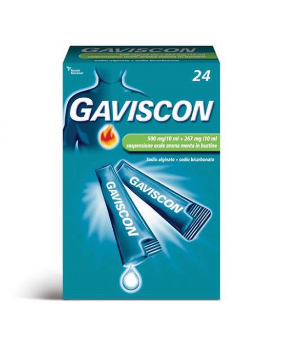 Gaviscon*24 bust orale sosp 500 mg/10 ml + 267 mg/10 ml menta - Gaviscon*24 bust orale sosp 500 mg/10 ml + 267 mg/10 ml menta