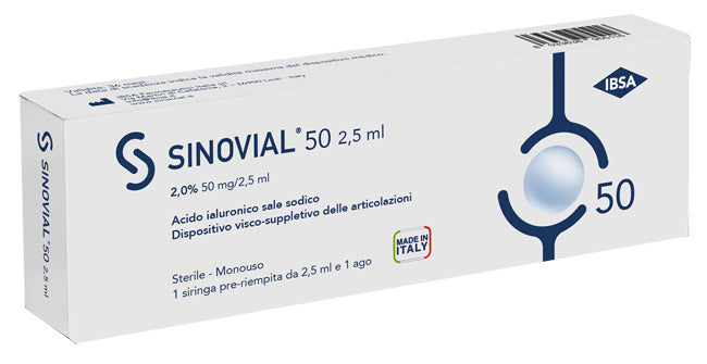 Siringa intra-articolare sinovial 50 acido ialuronico 2% 50mg/2,5 ml 1 fs + ago gauge 21 1 pezzo - Siringa intra-articolare sinovial 50 acido ialuronico 2% 50mg/2,5 ml 1 fs + ago gauge 21 1 pezzo